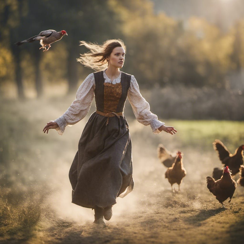Woman Chasing Flying Hen: Professional Photography