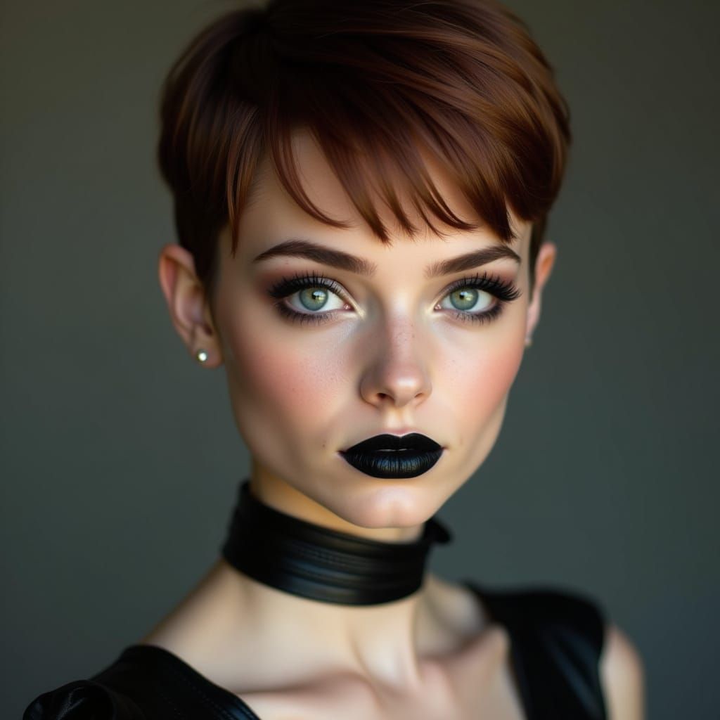 Young Woman with Undercut Pixie and Green Eyes
