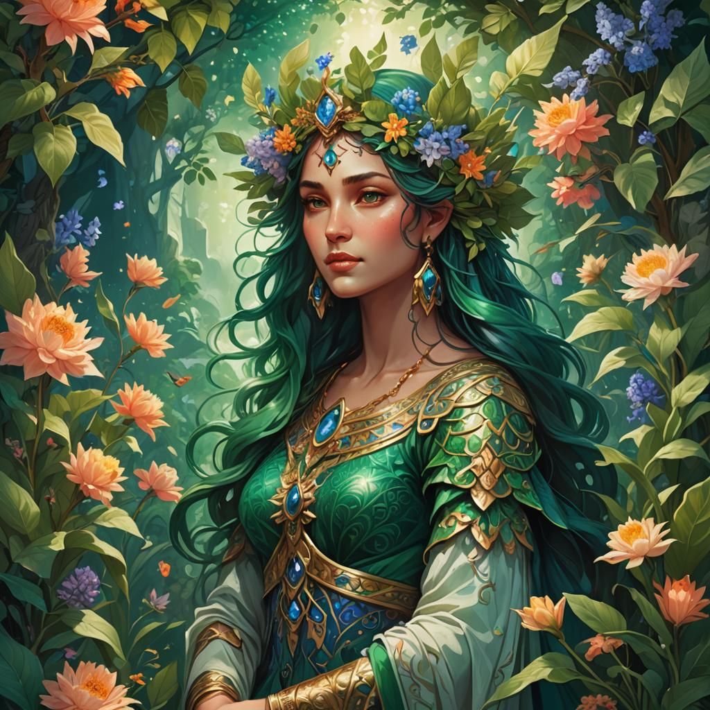 Goddess Danu in Lush Fantasy Landscape