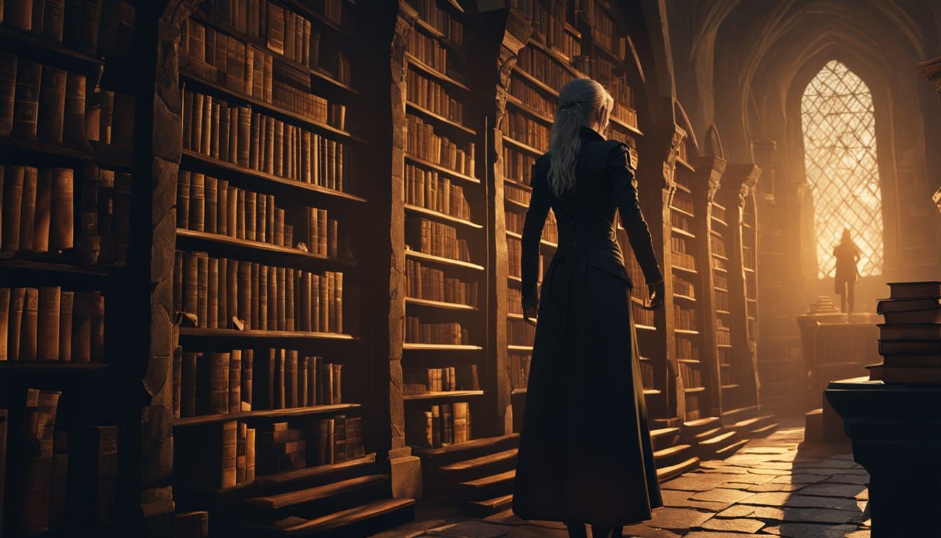Celtic Librarian in Gothic Dark Fantasy Library