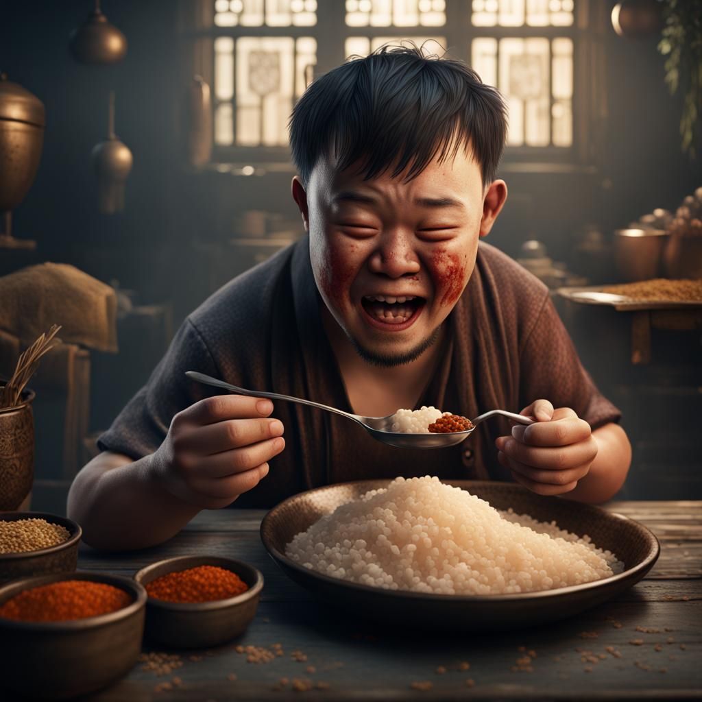 Detailed Matte Painting of Man Eating Rice
