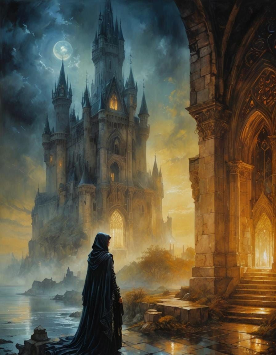 Gothic Castle Portrait with Mysterious Woman in Dark Fantasy...