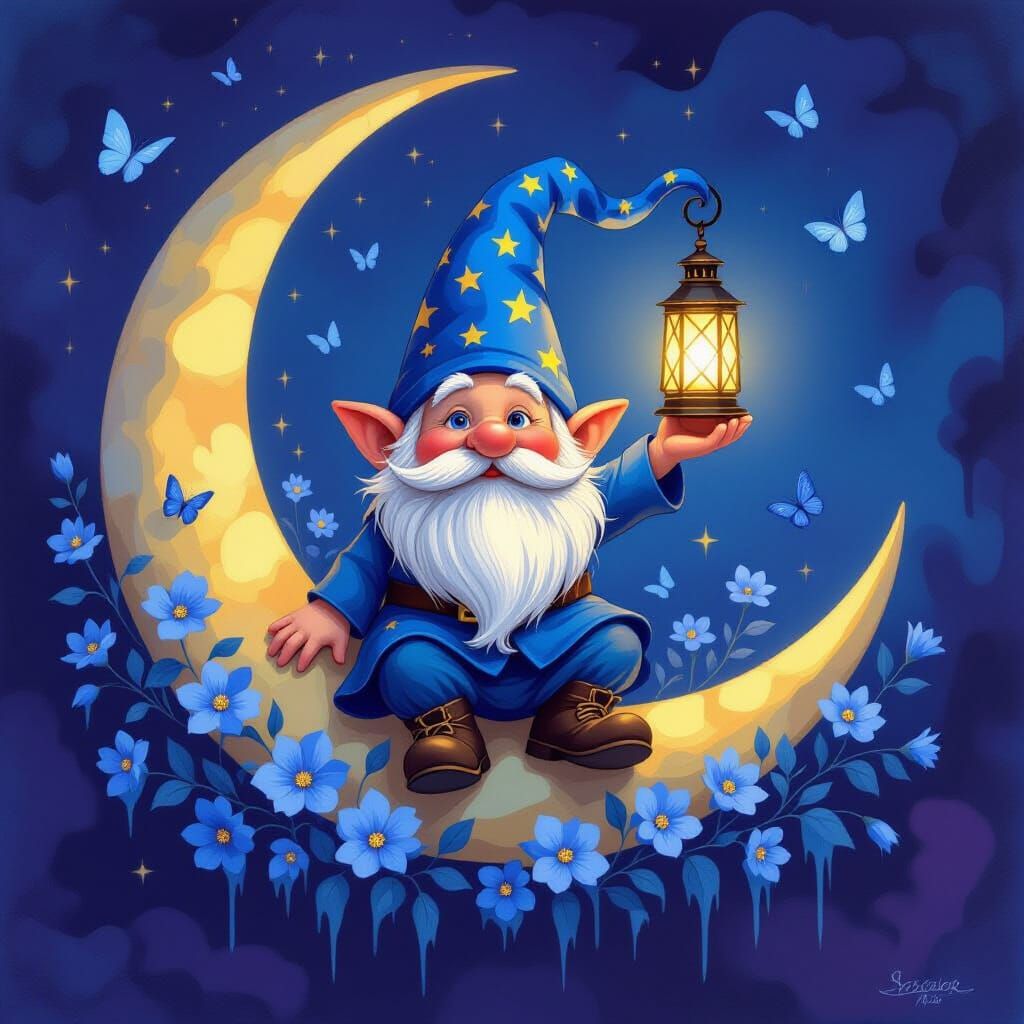Whimsical Gnome on Moon with Lantern, Surreal Oil Painting