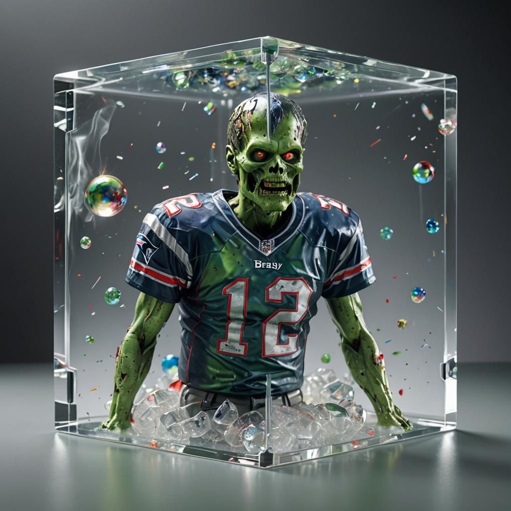 Zombie Tom Brady in Glass Cube: Hyperrealistic 3D