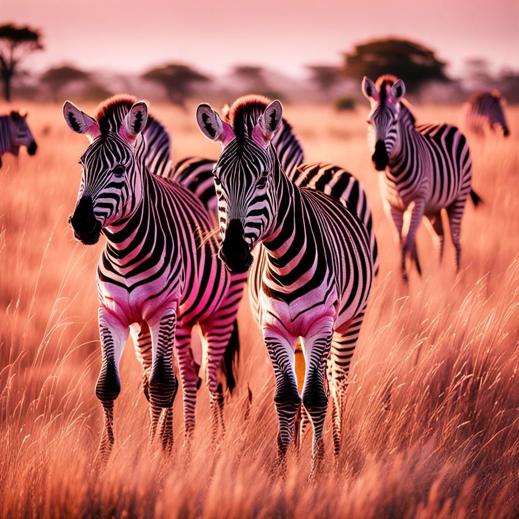 Pink Zebras Grazing in Sunny Savannah
