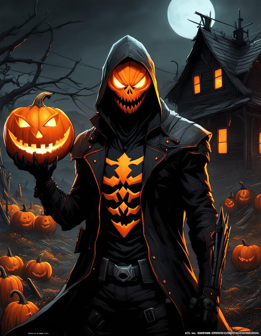 Biopunk Jack-o'-lantern Venom Hybrid in Abandoned Village