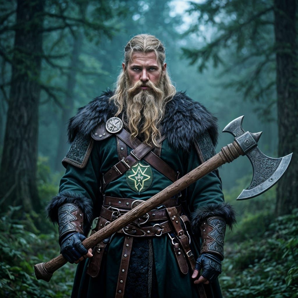 Viking Warrior with Runes in Mystical Forest