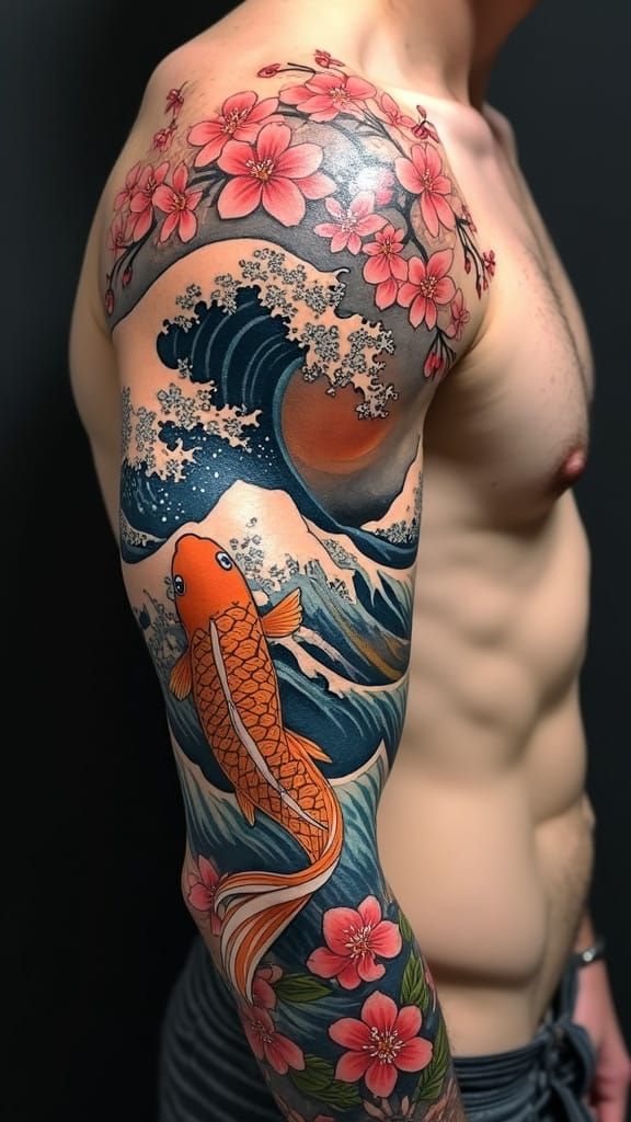 Vibrant Japanese Upper Arm Sleeve Tattoo in Gouache Style