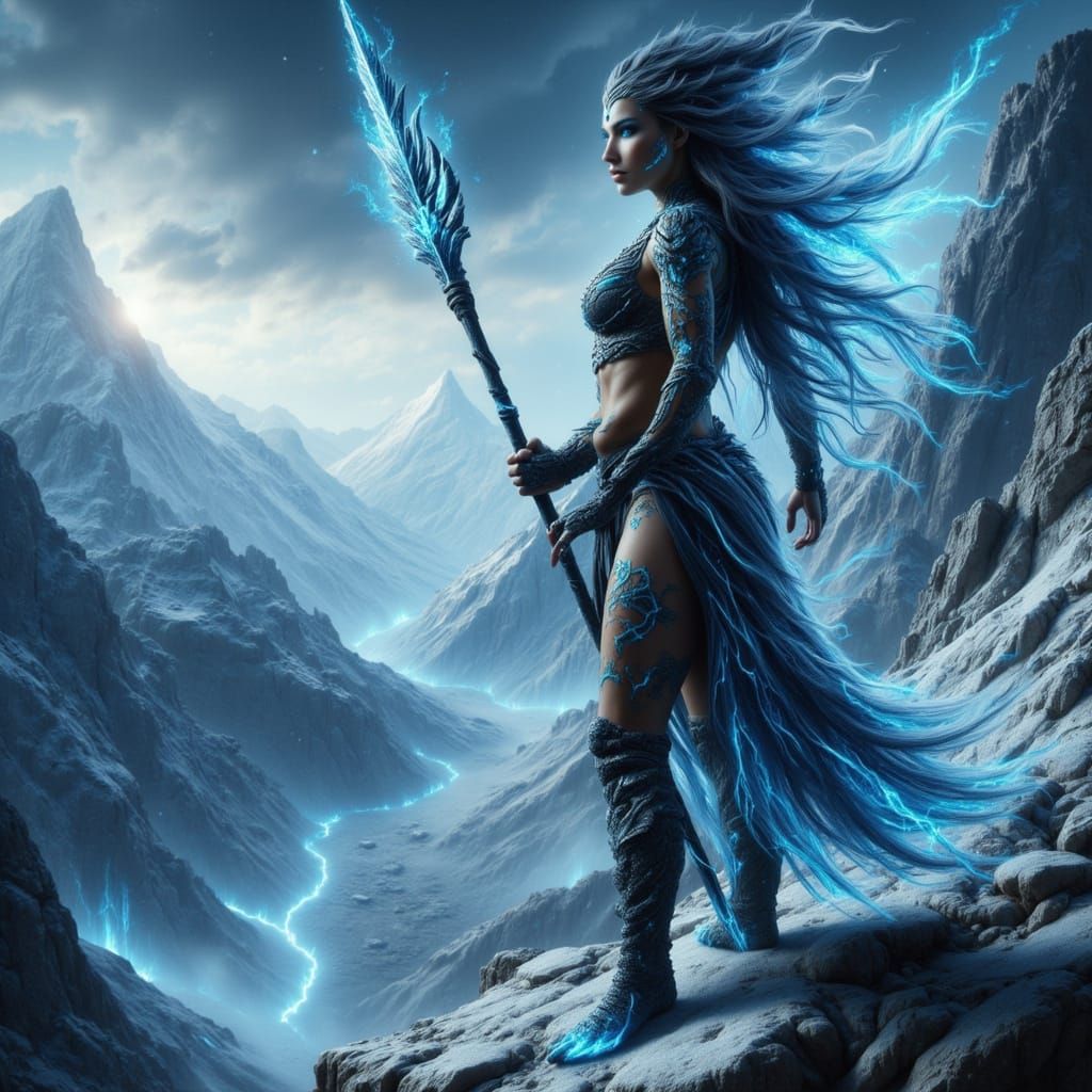 Stoic Warrior on Frozen Tundra with Glowing Spear
