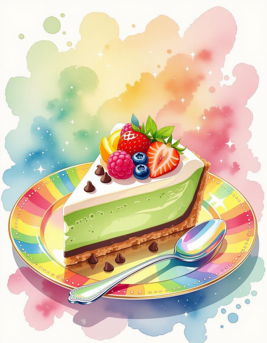Matcha Cheesecake Slice with Watercolor Art