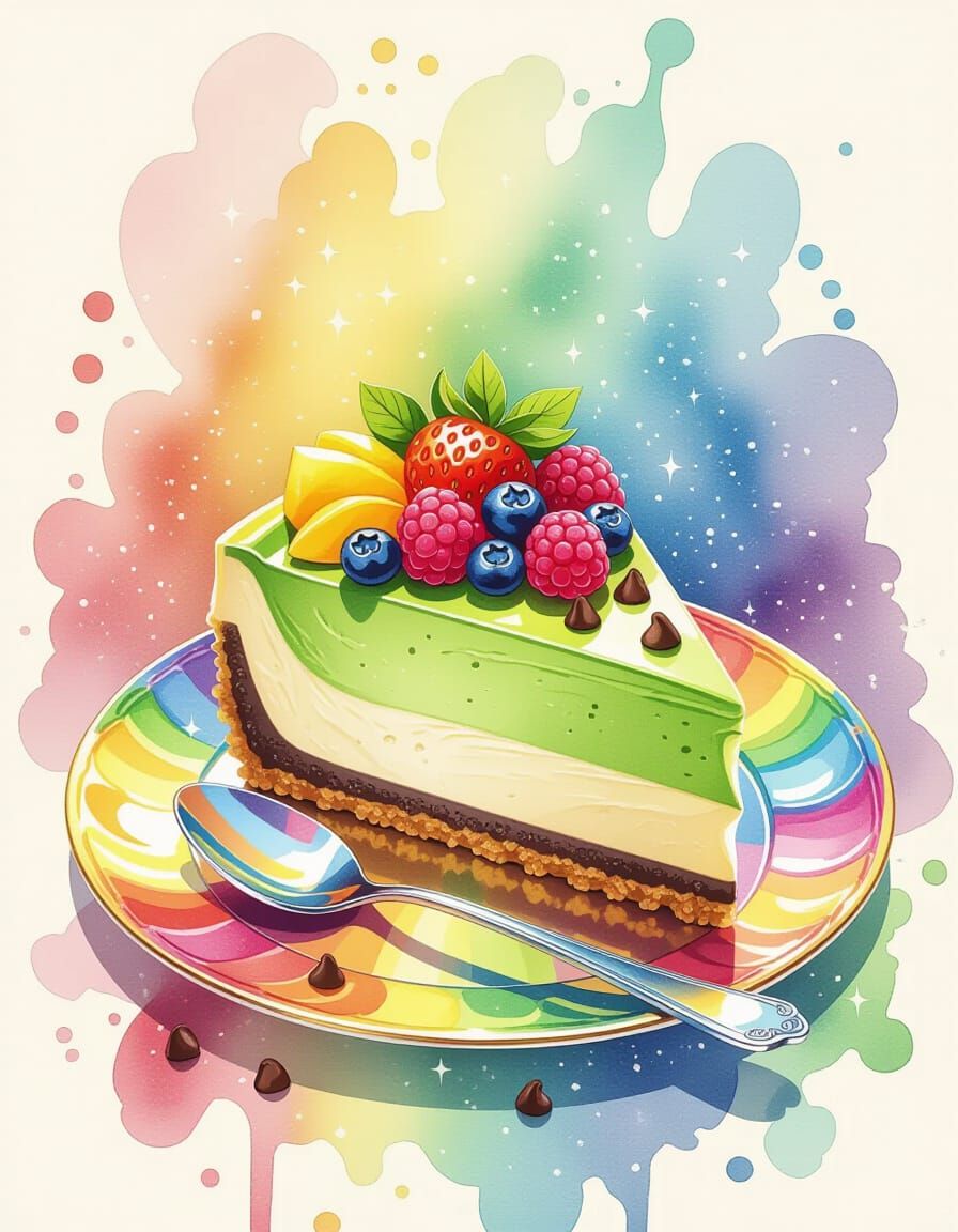 Matcha Cheesecake Slice on Rainbow Plate, Digital Art