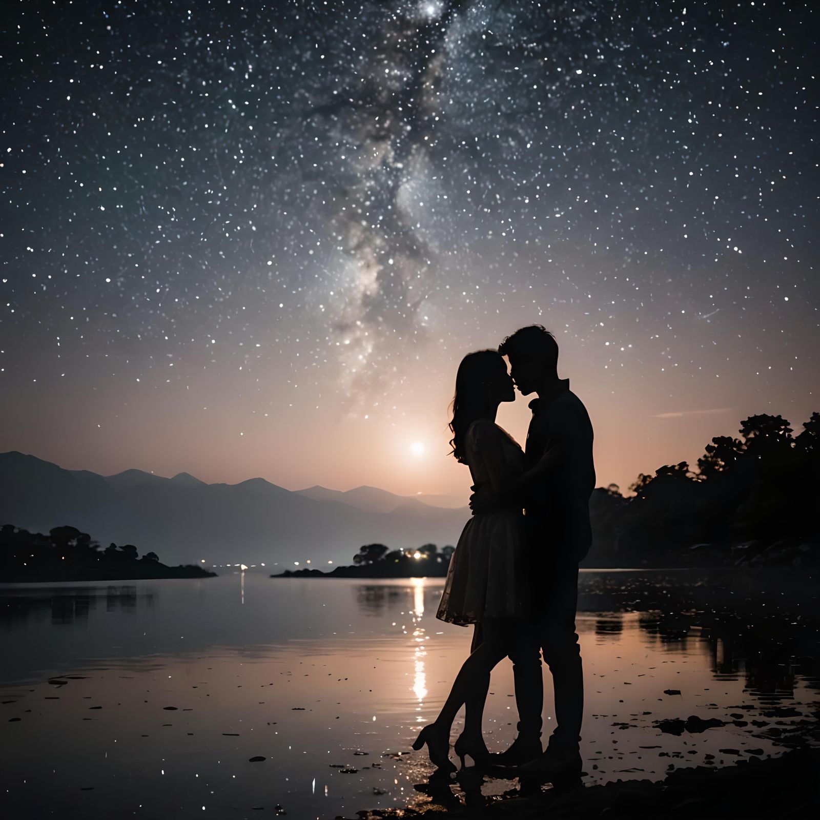 Romantic Couple Silhouette Under Sparkling Moonlight