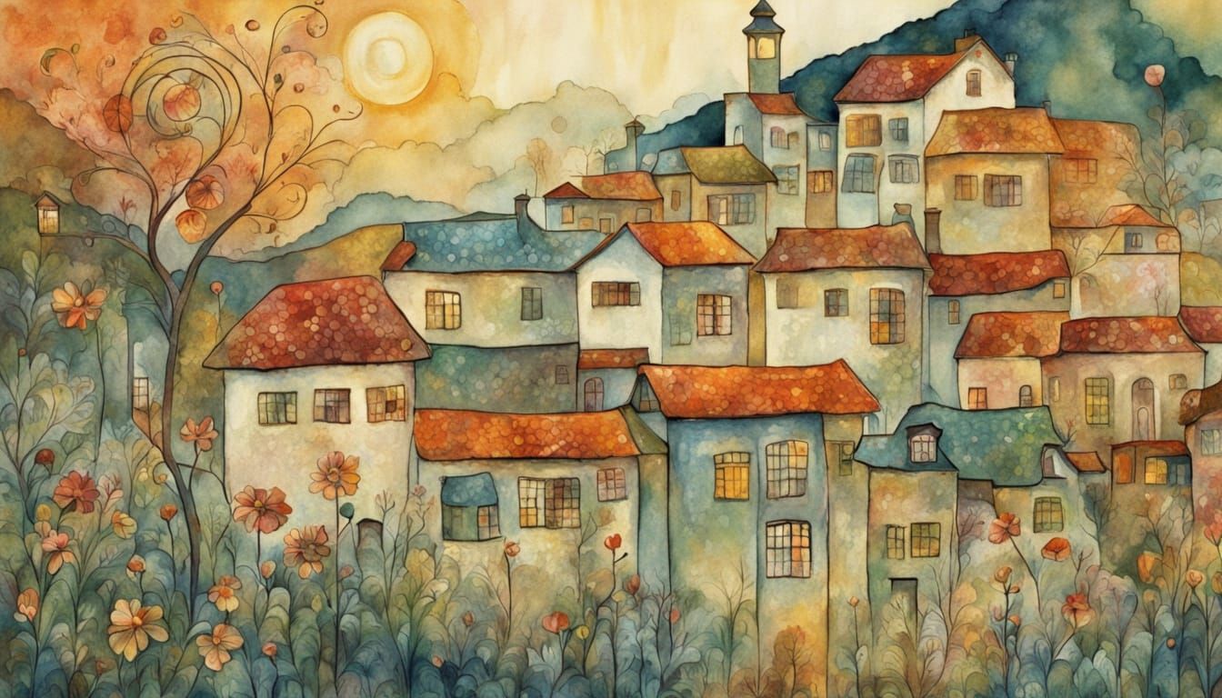 Whimsical Small Town Scene in Art Nouveau Style