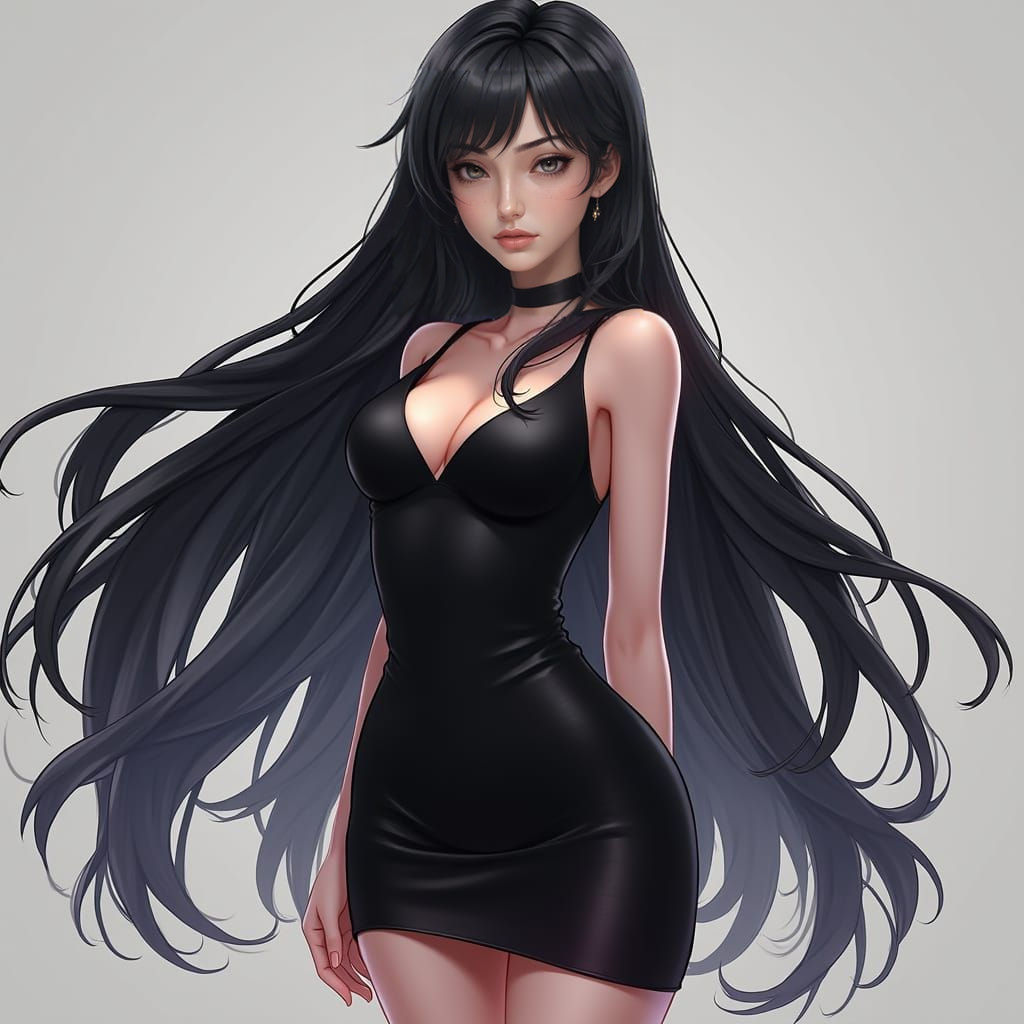 Anime Girl in Black Dress, 3D Art