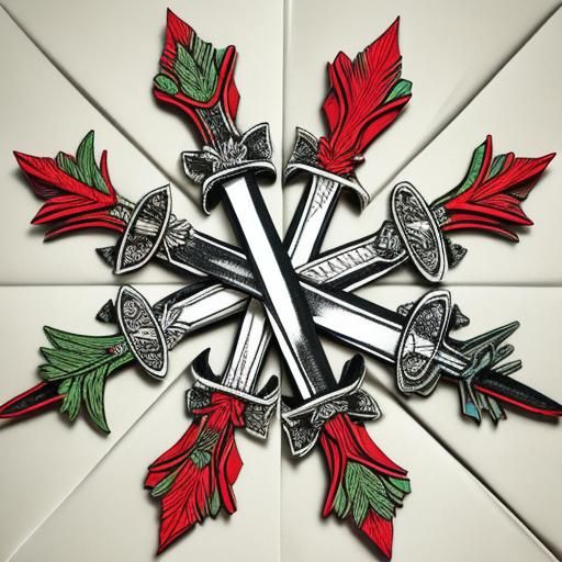 Crossed Swords Line Art with Pen and Leaves