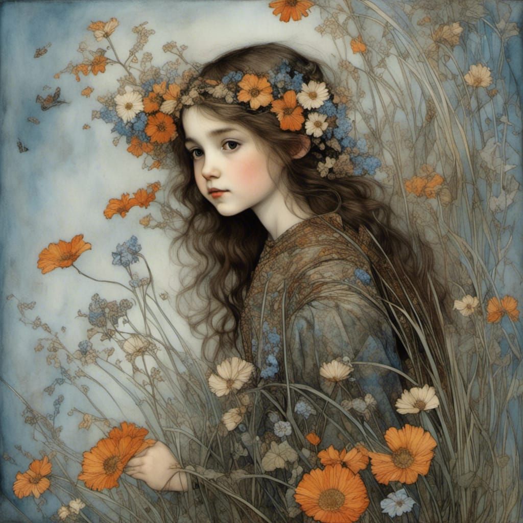 Whimsical Wildflower Portrait of a Young Girl