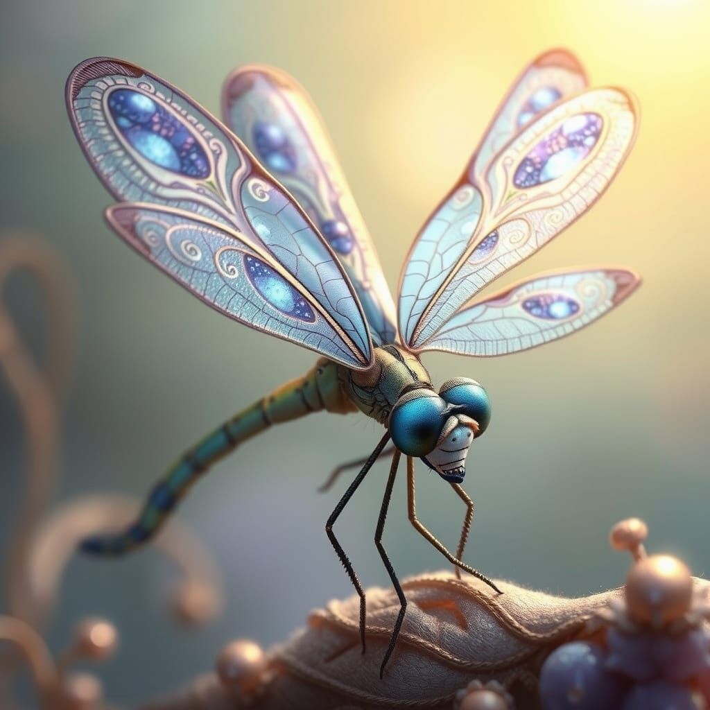 Glowing Sapphire Dragonfly in Whimsical Dreamlike Scene