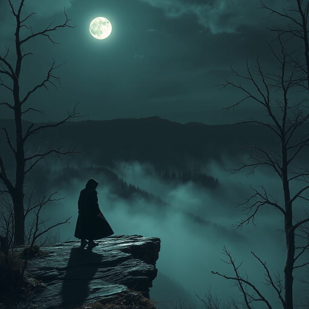 Desolate Figure on Moonlit Cliff: Atmospheric Digital Art