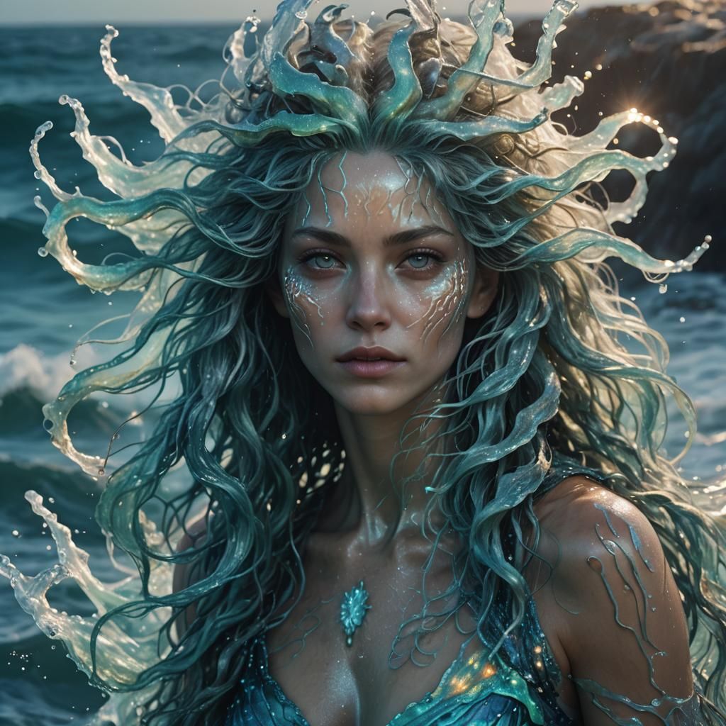 Bioluminescent Sea Deity Emerges at Dawn: Hyperrealistic Mar...