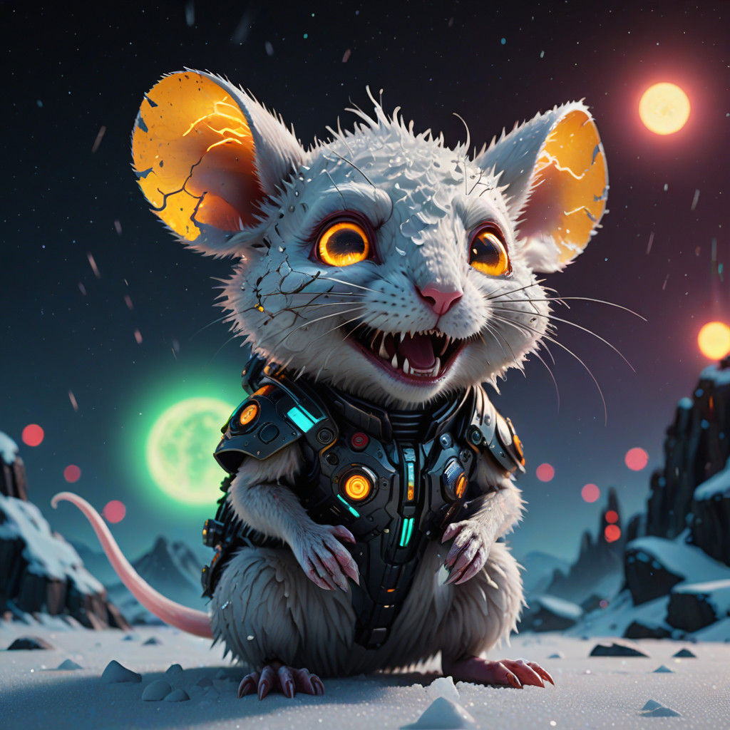 Cyberpunk Cyborg Snow Mouse in Insane, Glowing, Moonlit Nigh...