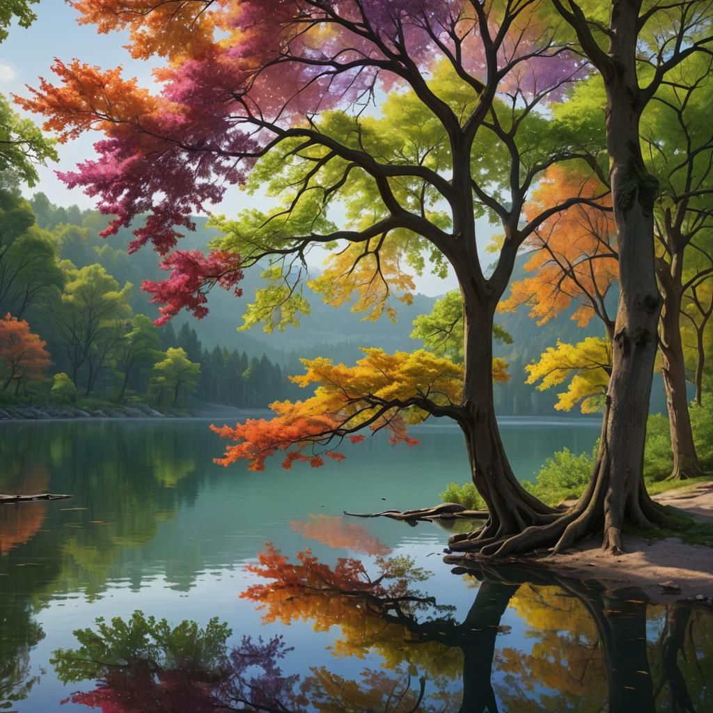 Rainbow Canopy Tree Reflected in Serene Lake