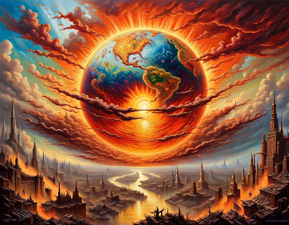 Apocalyptic Sun Over Destroyed Earth: Digital Oil Painting