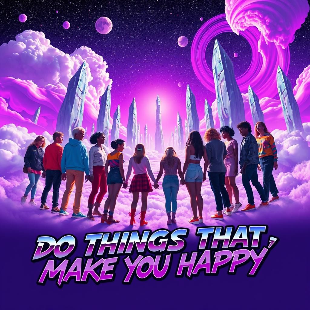 Surreal Cosmic Gathering with Neon Lights, in 80s Sci-Fi Sty...