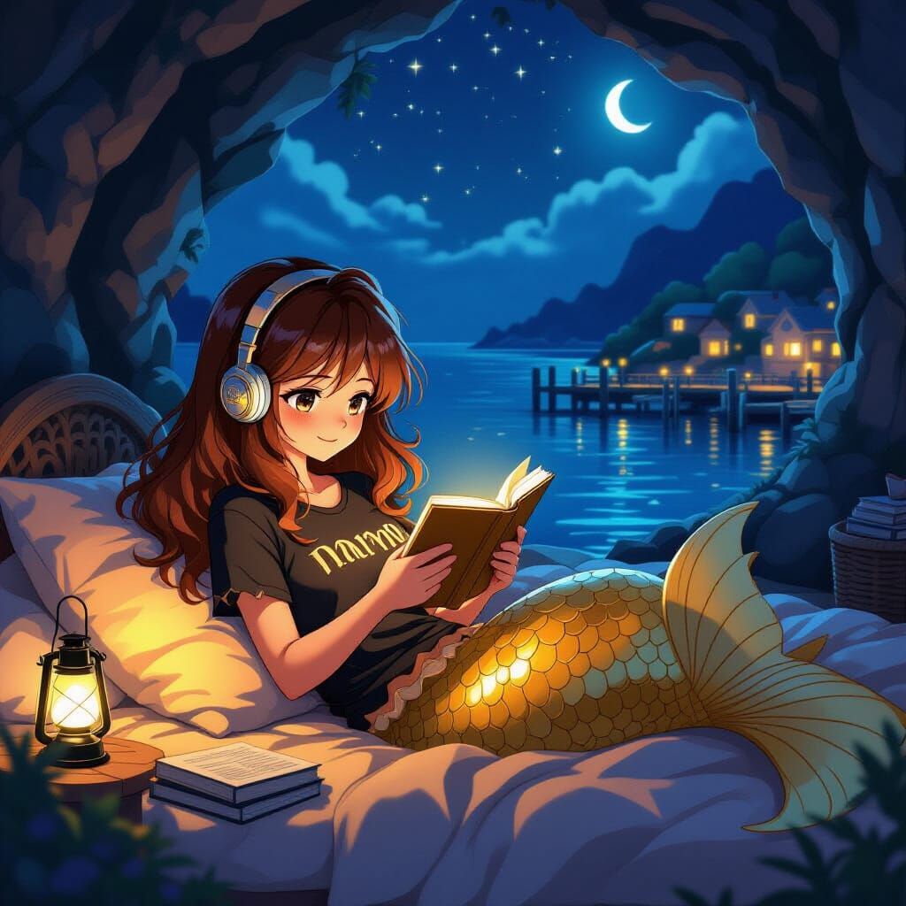 Mermaid Reading by Lantern Light in Coastal Grotto, Anime St...