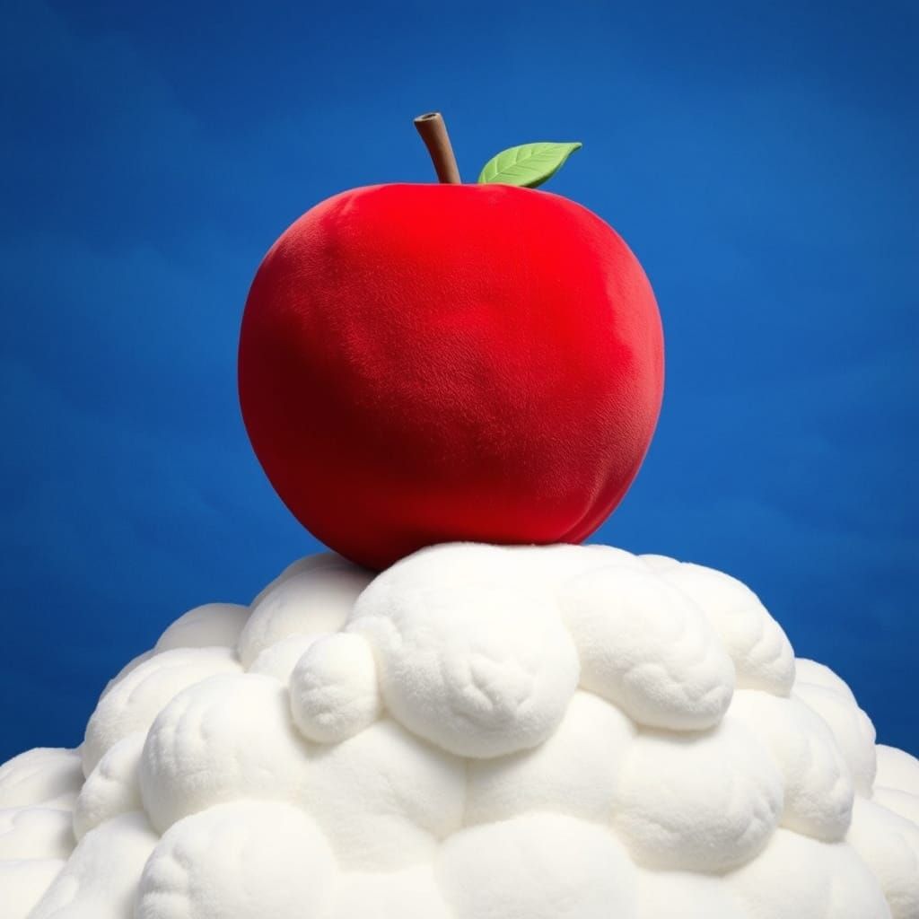 Magritte-Inspired Plush Paradise: Giant Velvet Apple on Clou...