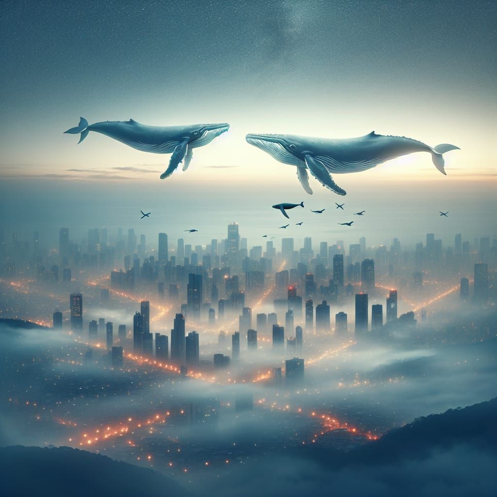 Whales Swim Over Misty Cityscape