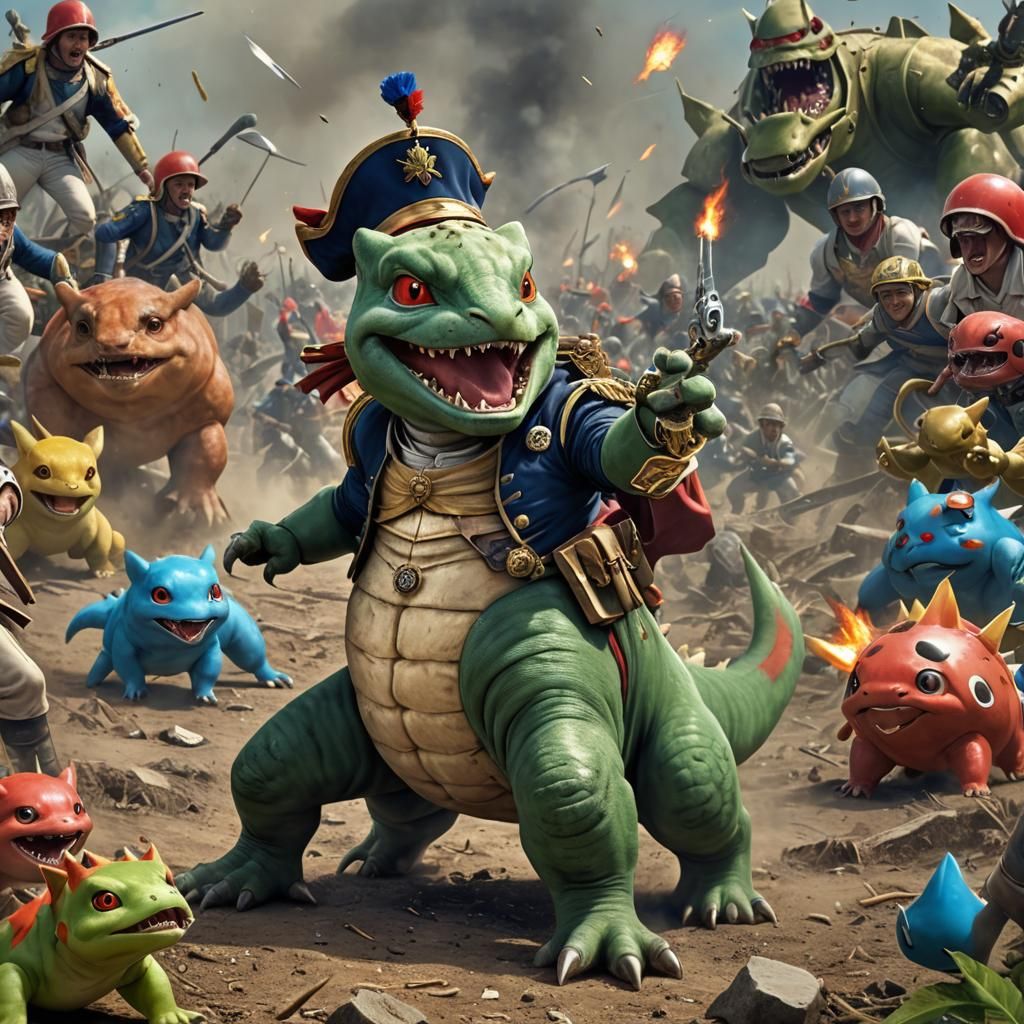 Napoleon on Battlefield with Pokemon, Hyperrealistic Style