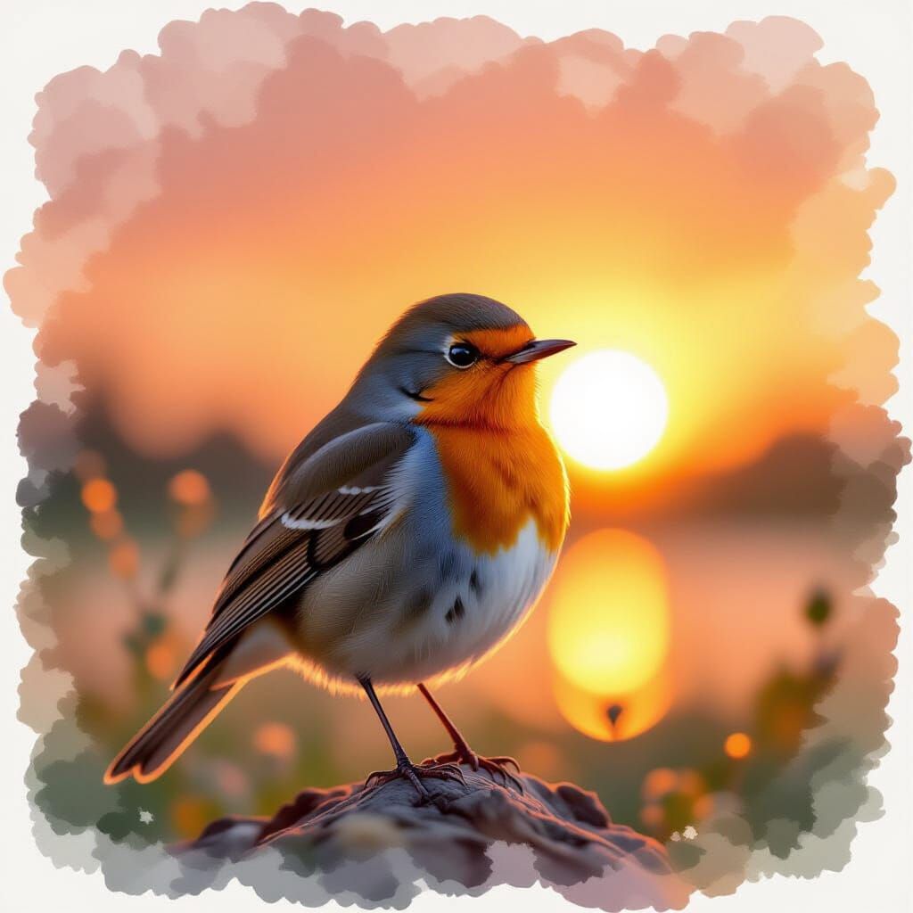 Robin at Sunset in Watercolor Style