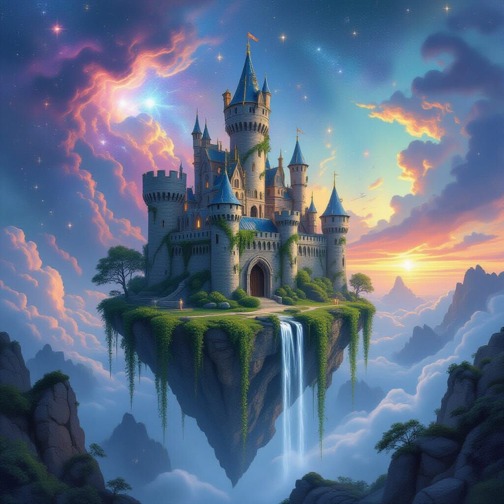 Floating Island Castle Among Nebulae in Epic Fantasy Style