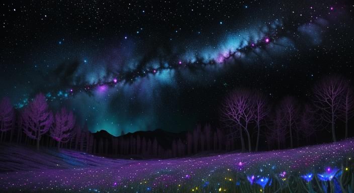 Bioluminescent Wildflower Field Under Cosmic Sky