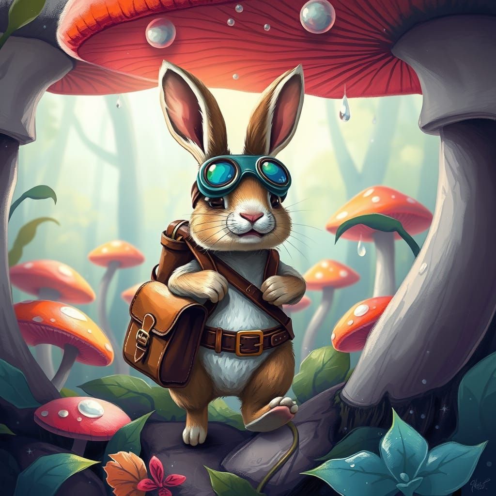 Whimsical Rabbit Adventurer in Giant Mushroom Forest