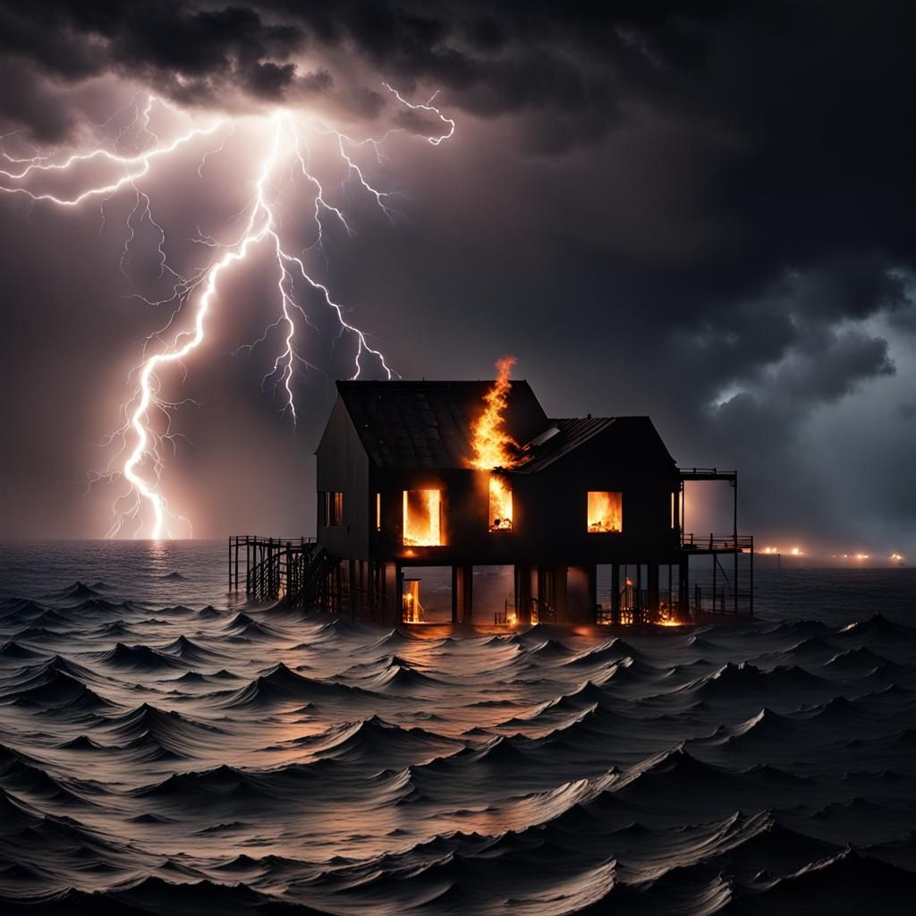 Burning House at Sea Struck by Lightning