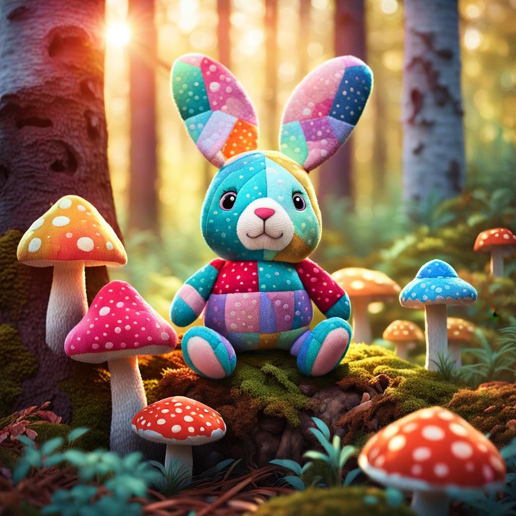 Patchwork Bunny on Mushroom in Fantasy Forest