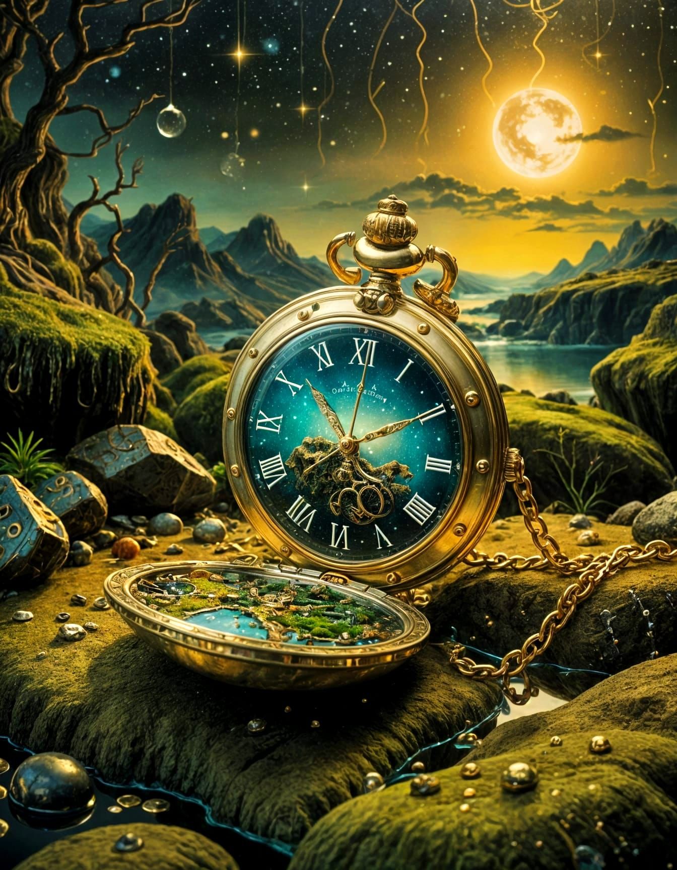 Surreal Melting Pocket Watch in Starlight Pool