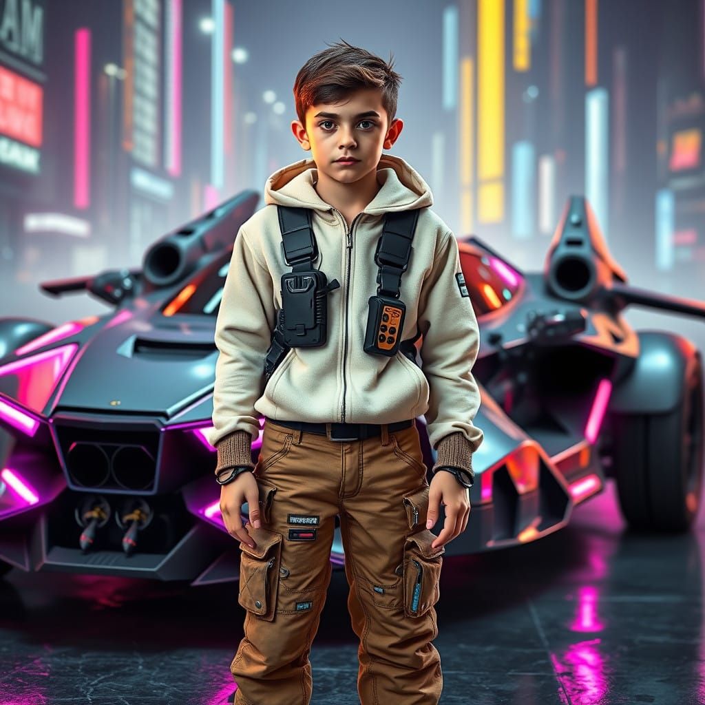 Adventurous Youth Stands Beside Cyberpunk Flying Car-Spacesh...