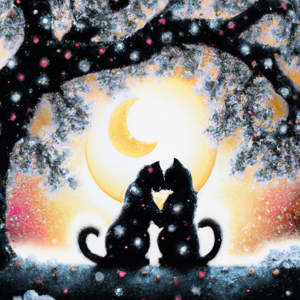 Cats in Love Under Blossoming Tree, Kinkade Style