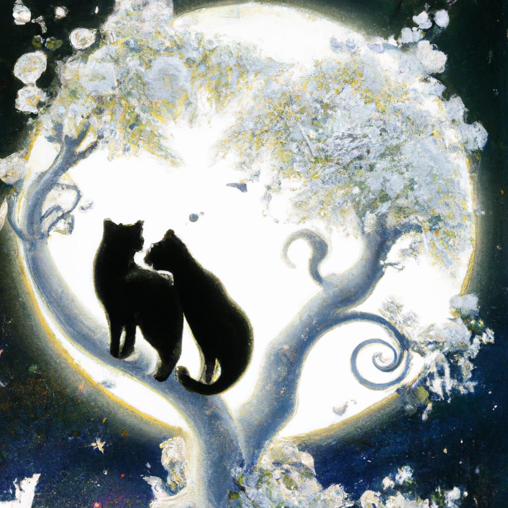 Cats Snuggling Under Blossoms in Ethereal Moonlight