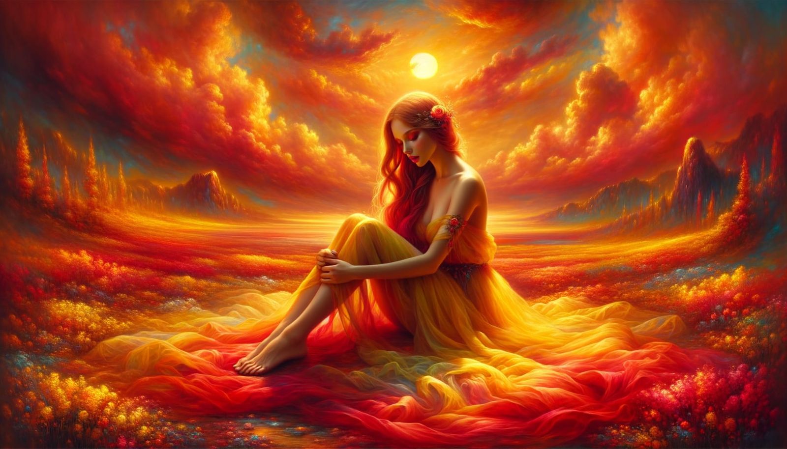 Norse Sun Goddess in Fiery Sunset Oil Painting
