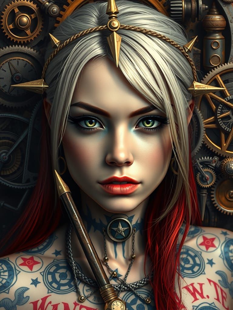 Punk Rock Portrait with Nordic Symbols and Clockwork