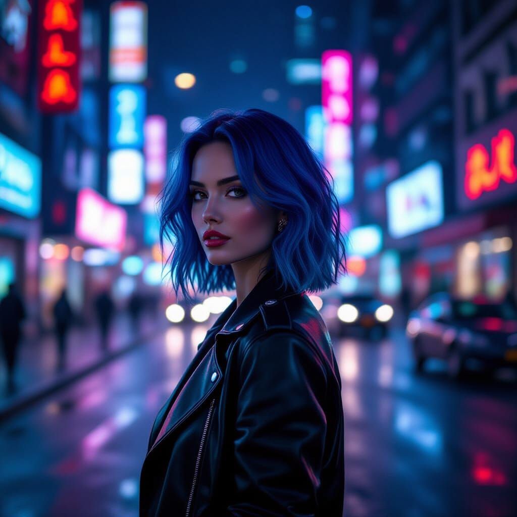 Blue Haired Woman in Neon Cityscape at Night