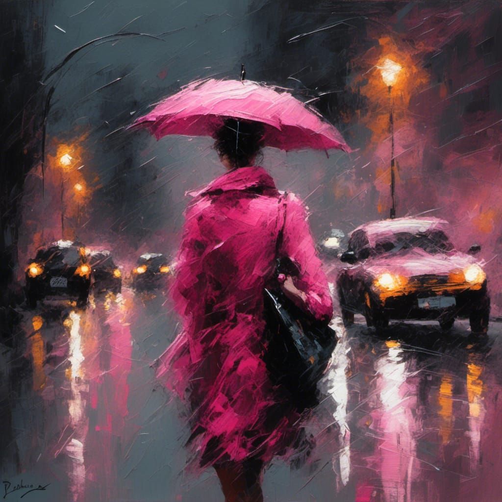 Woman in Pink Clothes on Rainy London Streets