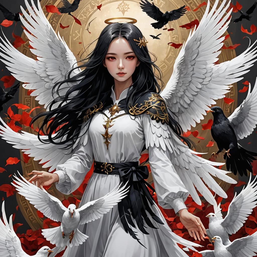 Angel with Black and White Wings in a Grey Sky