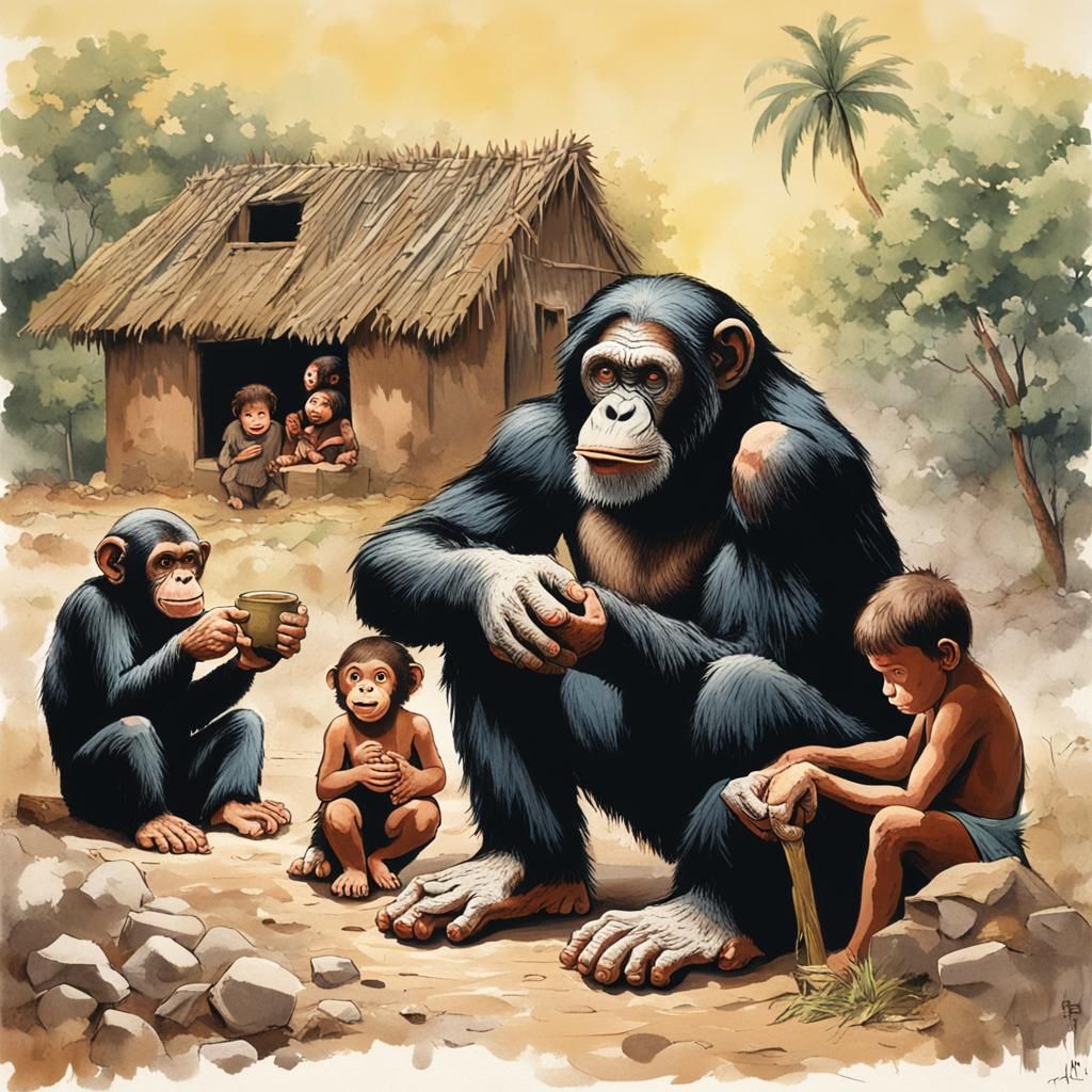 Cavemen and Modern Man Nurturing a Child