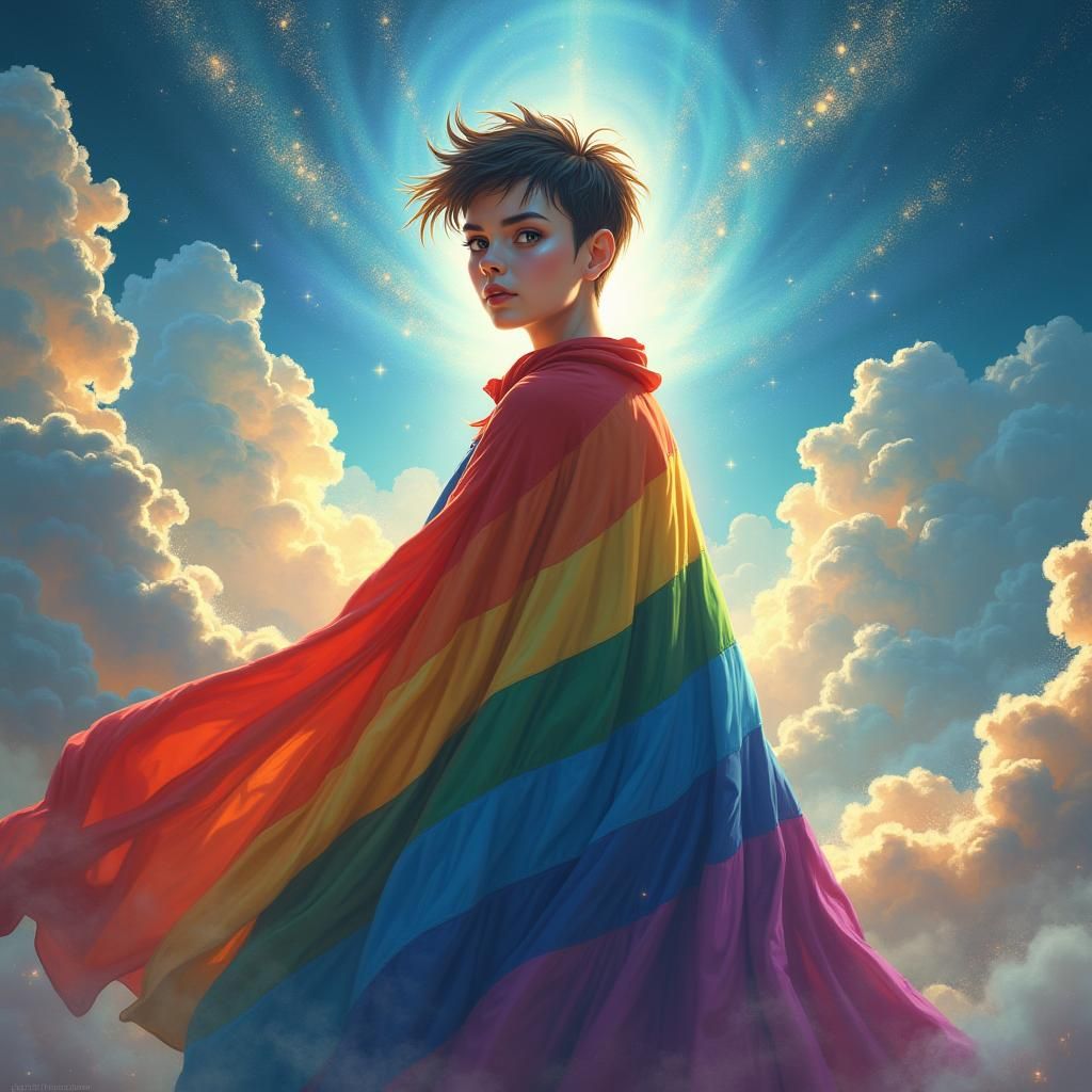 Proud Woman in Rainbow Cape: Mystical LGBTQ+ Art