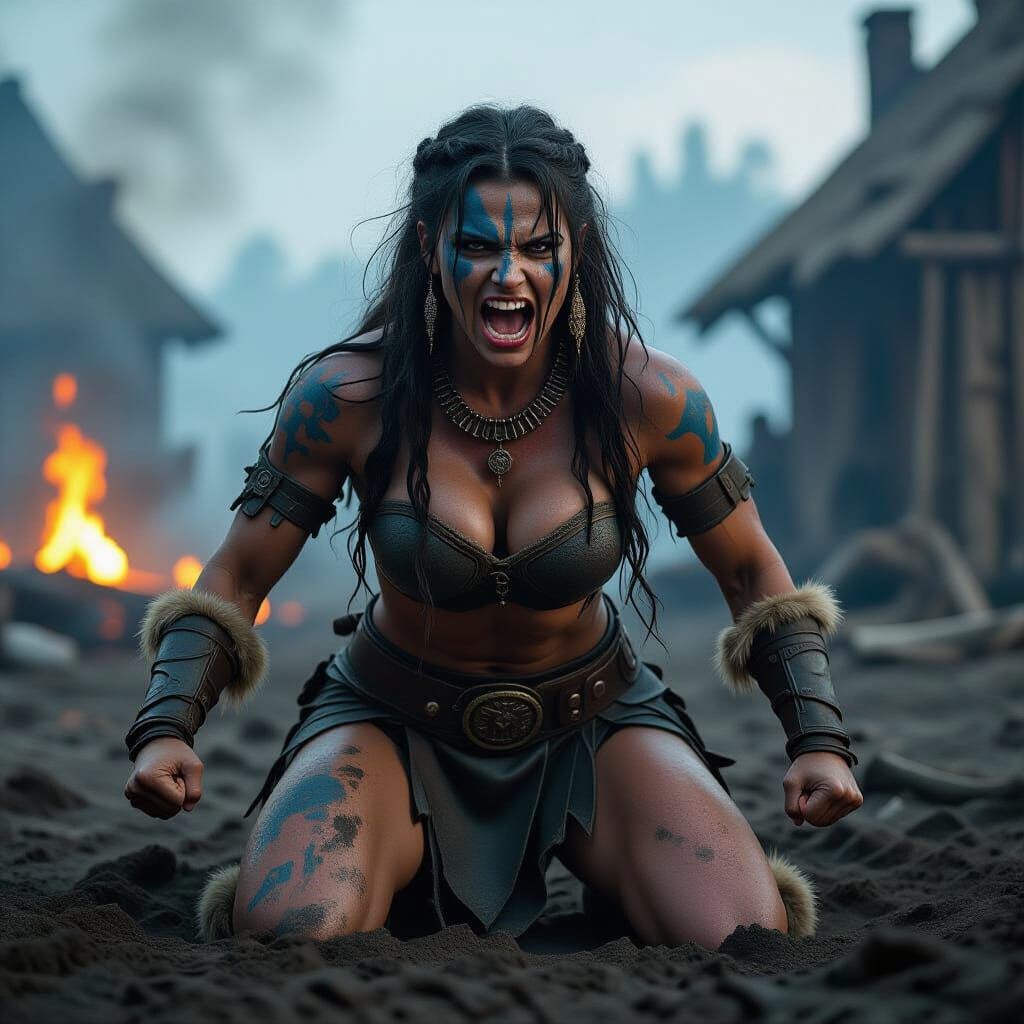 Brunette Barbarian Woman in Burning Village