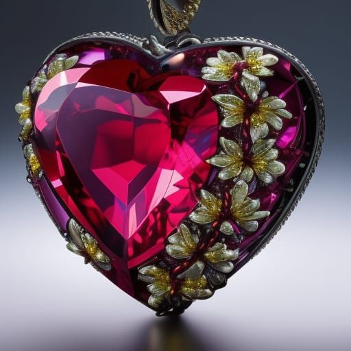 Luminescent Ruby Heart with Flowers in Fantasy Style